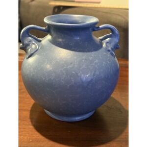 Vtg RumRill 1930's Blue Glazed Double Elephant Handle Vase Antique Red Wing 215
